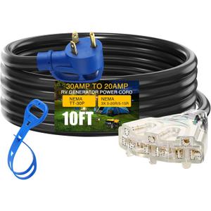 10FT TT-30P to 3X 5-20R/5-15R RV Generator Adapter, 3 Prong 30A to 3X 15/20A 110V Household Outlet Distribution Adapter, RV Generator Extension Cord with Cord Organizer 10 Gauge ETL Listed