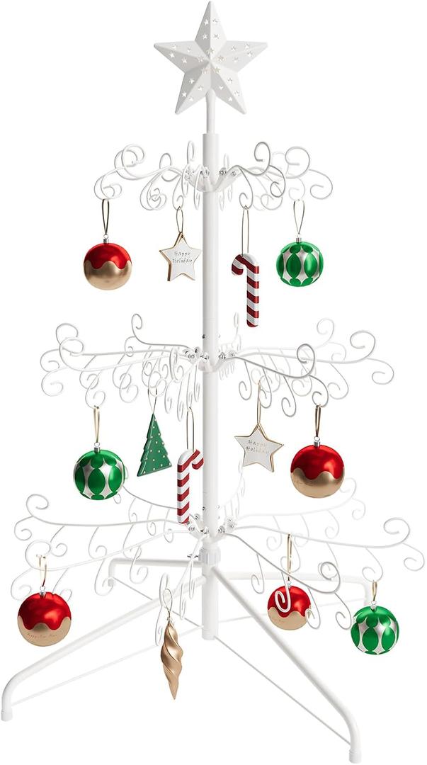 ELYKEN Christmas Ornament Display Stand Tree,112 Hanger Hooks for Baubles and Holiday Decorations,3 FT Iron Freestanding Rack with Stable Base, Easy Assembly, White