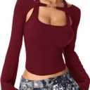 SOLY HUX Women's Long Sleeve Shirts Y2k Crop Tops Halter Neck Fitted T-Shirt Going Out Tees (Pure Burgundy)