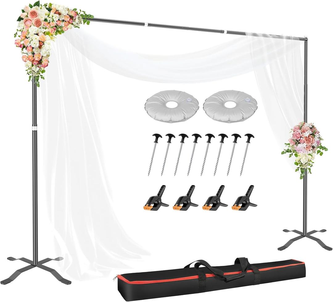 EMART Backdrop Stand 10x8.5FT Photo Studio Adjustable&Lockable Background Stand Support kit with Cross Base for Photography, Parties, Wedding, Outdoors (with 8 Tent Nails, 2 Water Bag, 4 Clamps) (Black)