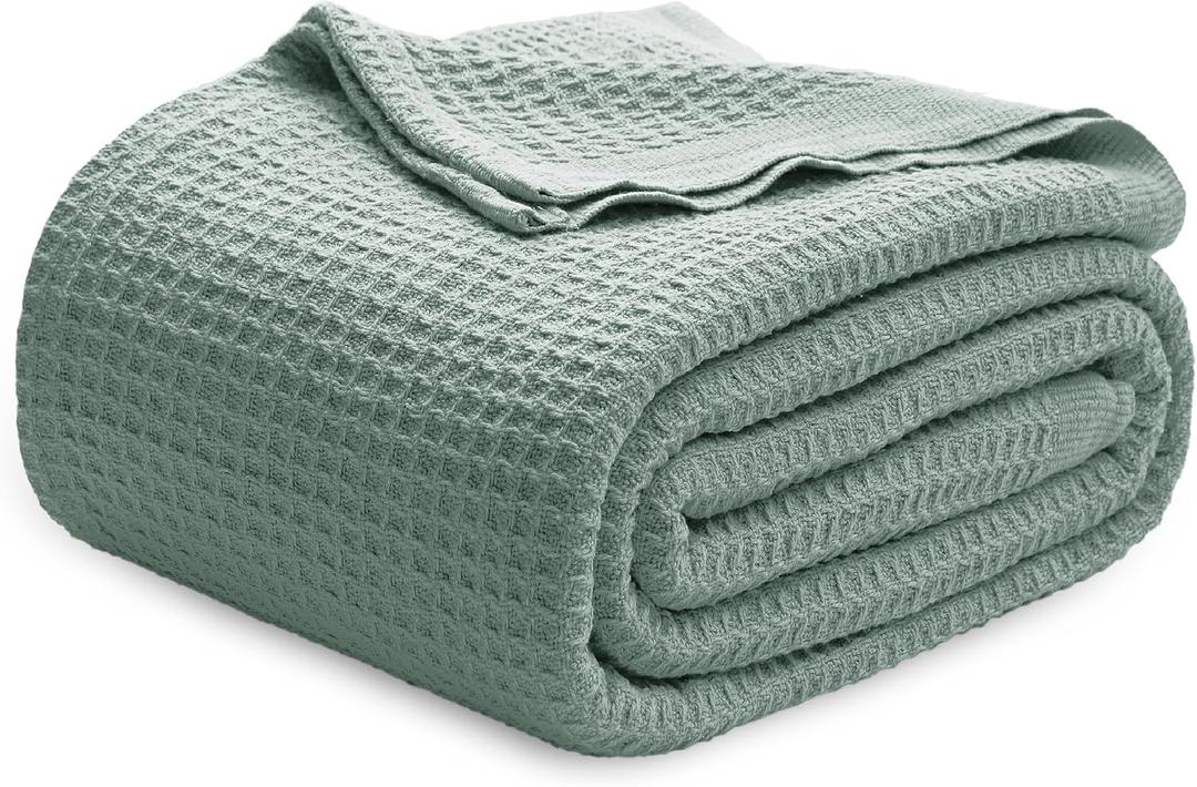 Bedsure Gentlesoft 100% Cotton Blanket Queen Size for Bed - Cooling Breathable and Soft for Summer, Thick Cozy Waffle Weave Blanket Gifts for Women, Sage Green, 90x90 Inches