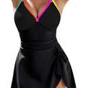 Blooming Jelly Womens One Piece Swim Dress Color Block Tummy Control Swimsuits Tie Knot Crisscross Back Bathing Suit (Black, L)