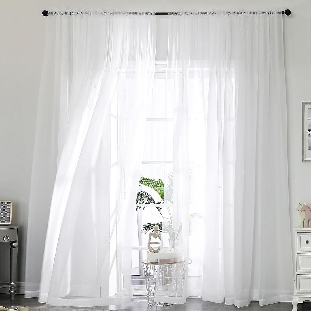 OWENIE Extra Long White Sheer Curtains 144 inch 2 Panels Set, Translucent Backdrop Window Scarf Drapes for Canopy Bed/Wedding/Living Room/Anniversary, 12FT Length, Each 59Wx144L in, 2PCS, White