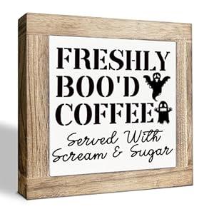 Halloween Coffee Decors, Freshly Boo'd Coffee Served Signs, Ghost Decor for Home Halloween, Funny Kitchen Bar Decoration, Farmhouse Shelf Decoration, Box Sign Wood Desk Sign Decor 5.9X5.9X0.7inches