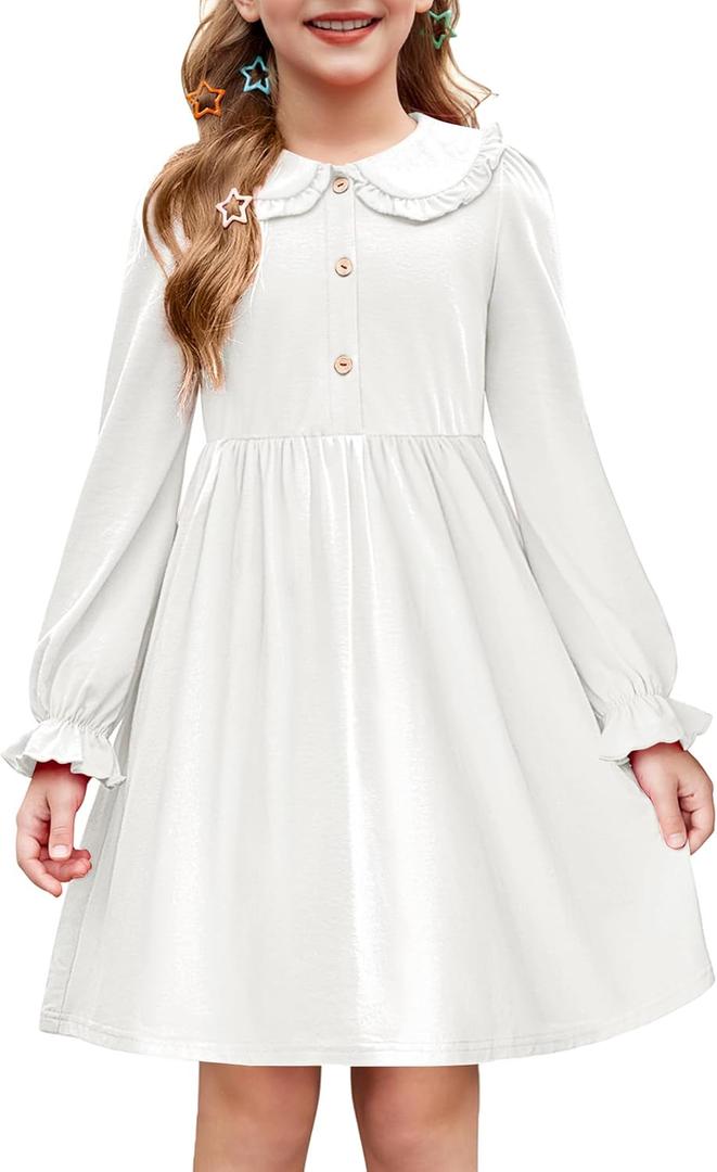 Arshiner Girls Long Sleeve Dress Fall Winter Ruffle Peter Pan Collar Front Button Casual Cotton Dresses (6-7 Years, White)