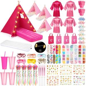 4 Set Sleepovers Teepee Tents Spa Slumber Party Robes Supplies Bulk with Inflatable Airbed and Light String, Birthday Favors Gift Indoor Outdoor (Complete,3 Pink 1 Rose Red)