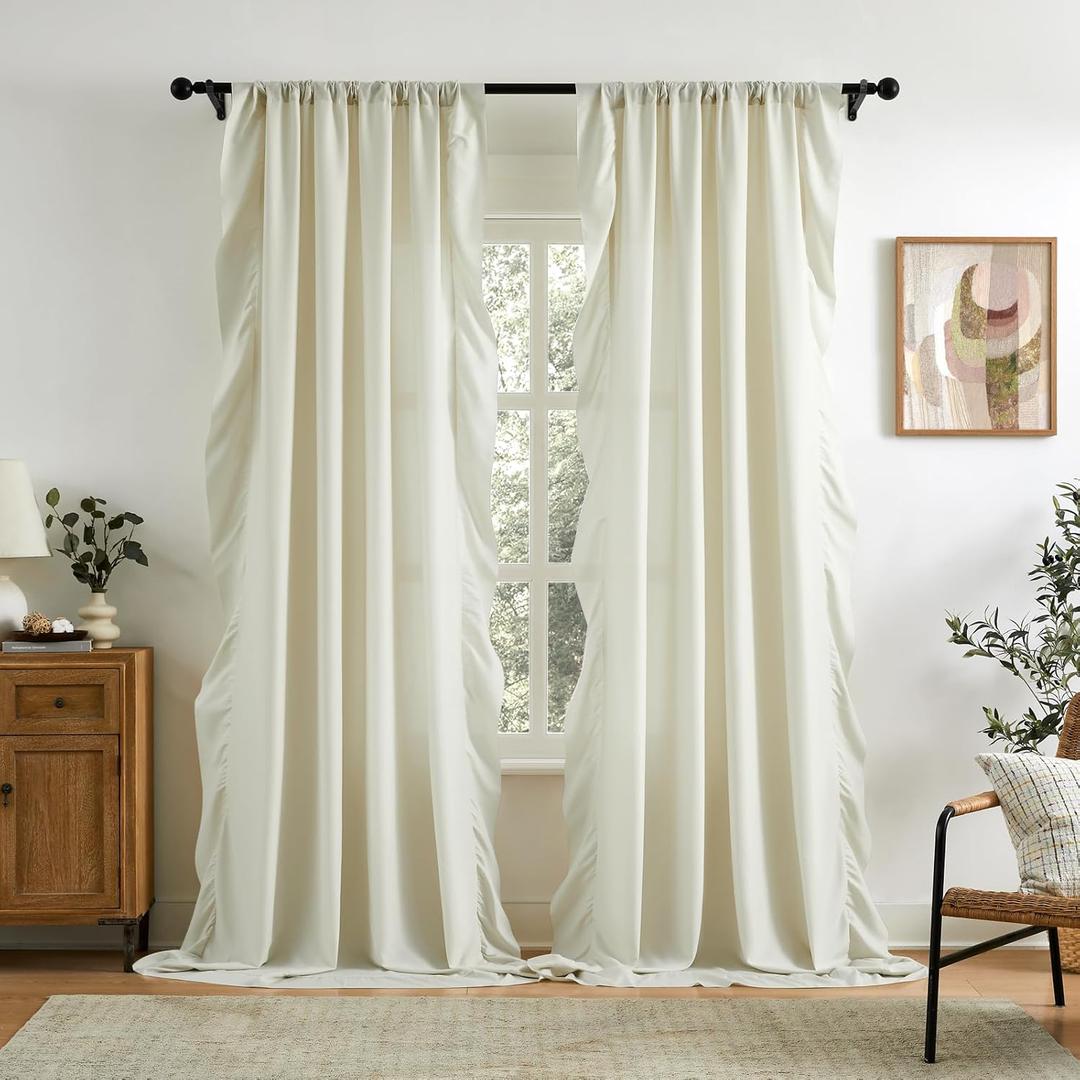 Ivory Ruffle Curtains 63 Inch Length for Bedroom Living Room Rod Pocket Light Filtering Romantic Victorian Cream Curtains for Girls Room Vintage Bohemian Chic Window Privacy Decor, 2 Panels Set, 52x63