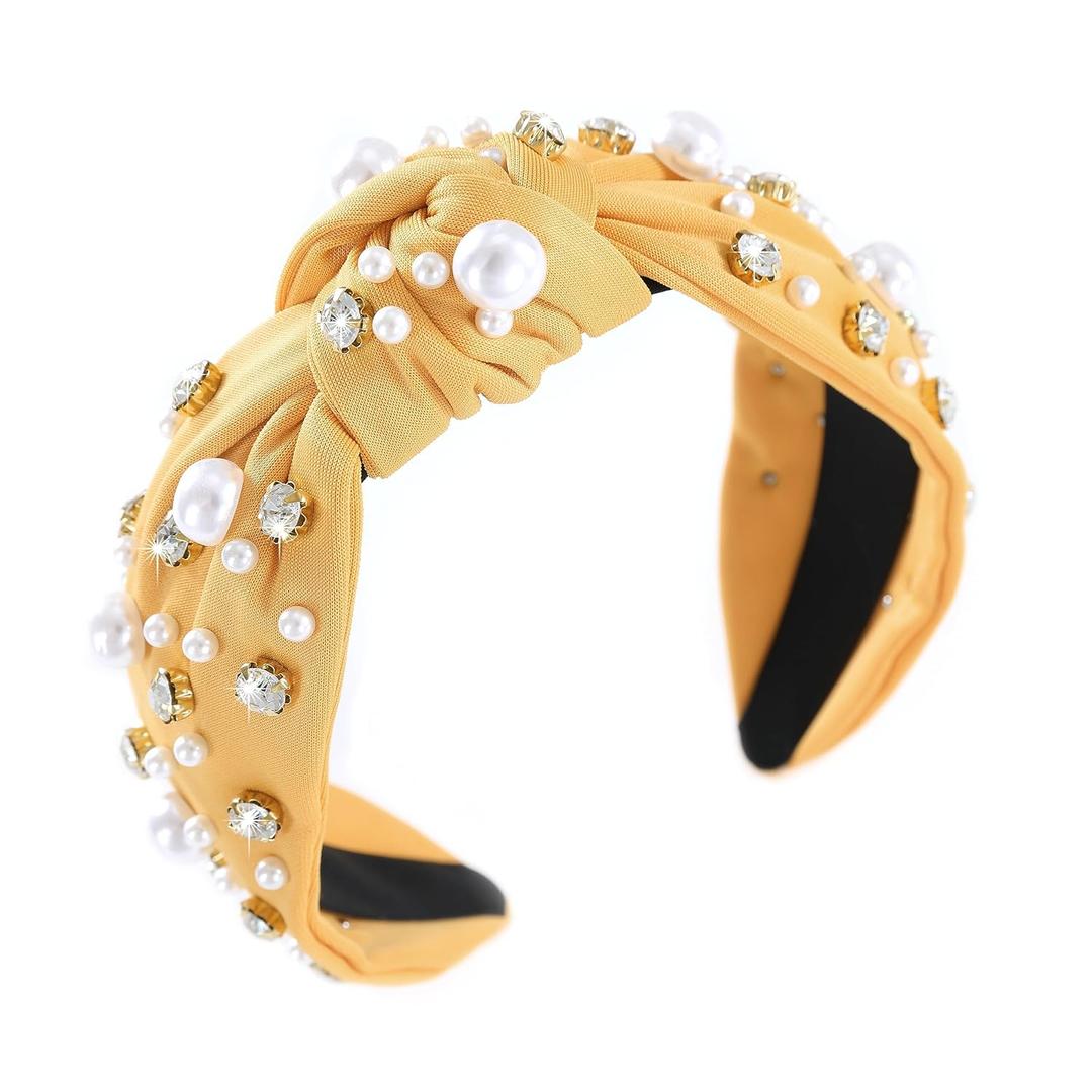 Pearl Knotted Women Headband Sparkle Rhinestone Jeweled Headband Wide Knot Crystal Embellished Hairband Fashion Women's Hair Accessories Yellow