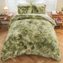 Queen Size Shaggy Comforter Set with 2 Pillow Shams,3 Pieces White Faux Fur Sherpa Washable Plush Flannel Velvet Furry Bedding Set(Queen,Tie Dye Sage Green)