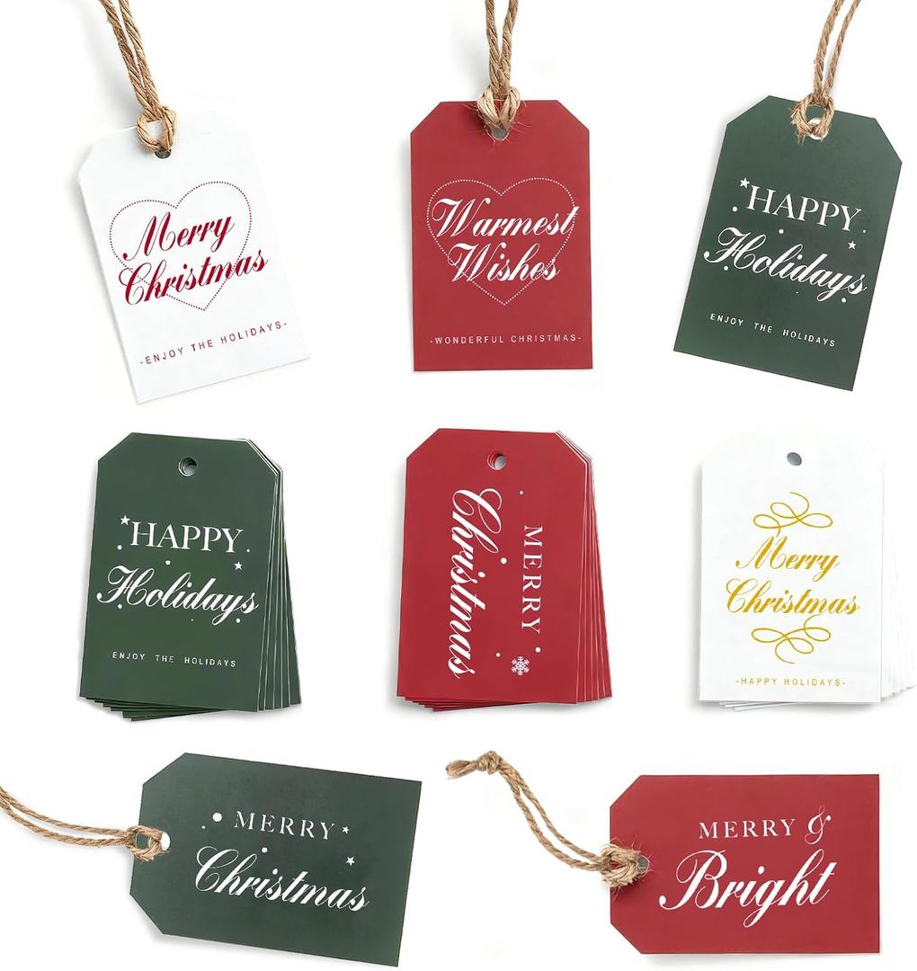 3 x Beautiful Christmas Gift Tags - 48-Pack Holiday Labels with 16.4ft Jute Twine, 8 Unique Designs Double-Sided with to/from Area, Paper Tags for Wrapping, DIY, Holiday Presents & Xmas Decorations
