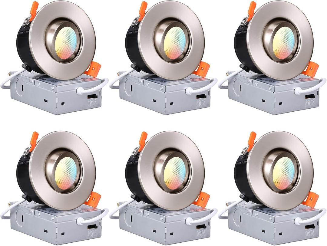 TORCHSTAR 5CCT 3 Inch Gimbal LED Recessed Light, CRI90+ Dimmable Swivel Adjustable Eyeball Downlight, Airtight IC, 2700K3000K3500K4000K5000K, Canless LED Ceiling Light, Satin Nickel, Pack of 6