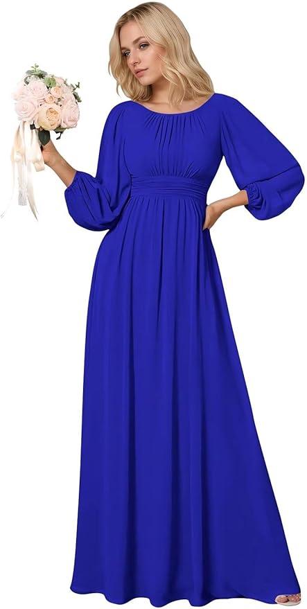 BOLENSYE Long Formal Dresses for Women with Lantern Sleeves A Line Chiffon Ruched Bridesmaid Dress Evening Gowns, Size Large
