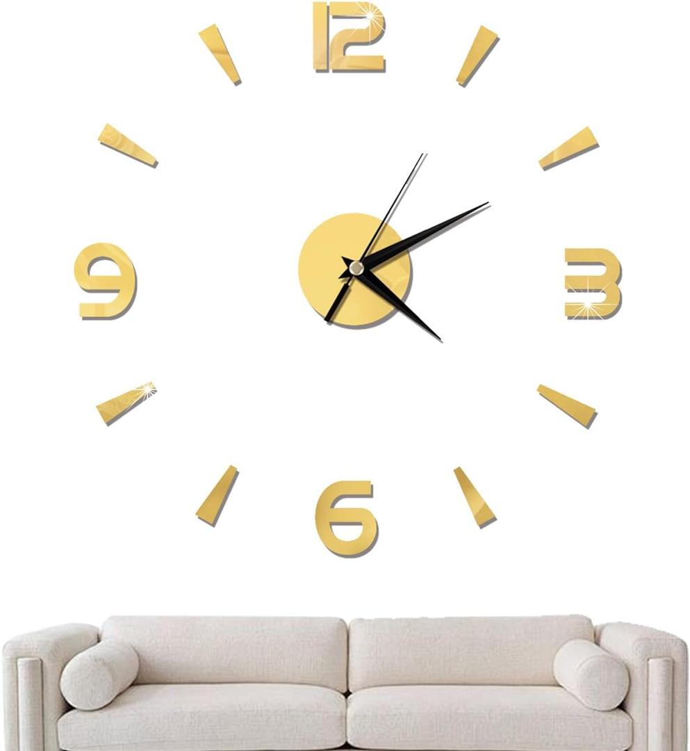 3D Frameless Wall Clock Sticker, Wall Sticker Clock Acrylic Mirror Watch Decor for Home Living Room Bedroom Office Decoration (Gold)