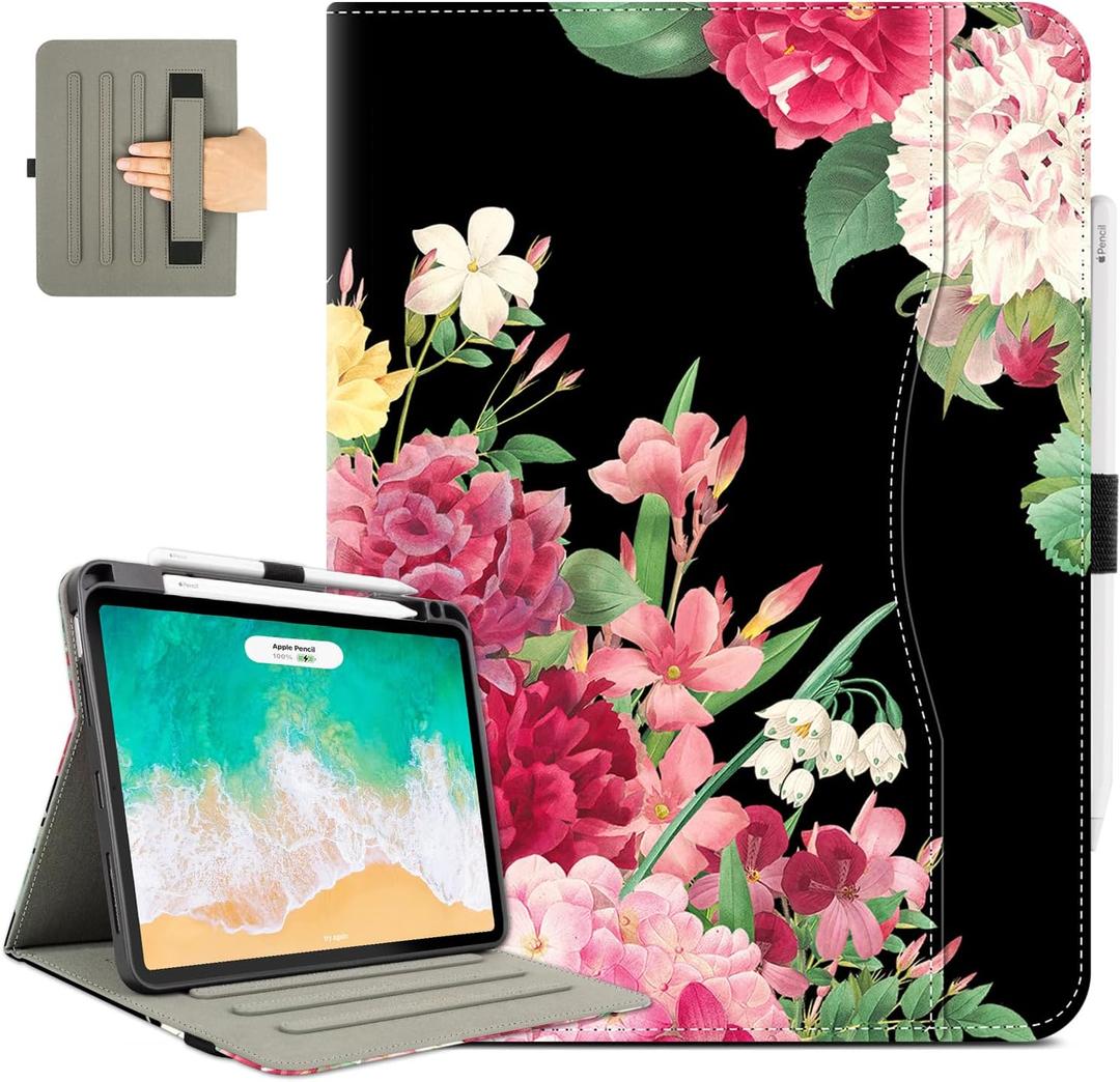 for iPad Air 11 Inch Case M4/M3/M2 2026/2025/2024, Black Flower for iPad Pro 11 Inch Case 4Th/3Rd/2Nd/1St Generation, for iPad Air 5Th/4Th Gen Cases 10.9 Inch Pencil Holder/Hand Strap/Pocket