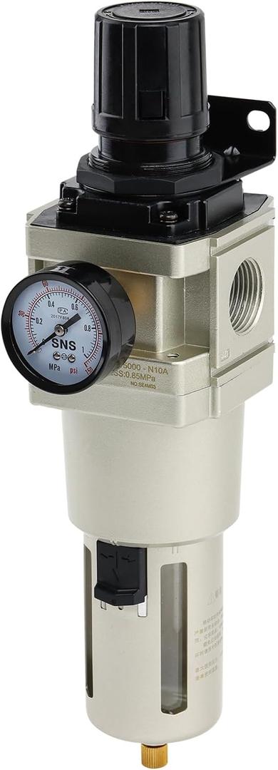 SNS 1NPT Compressed Air Filter Regulator Piggyback Combo, Semi-auto Drain, 5 Micron Brass Filter, Gauge and Bracket, Poly Bowl with Metal Guard AW5000-N10A