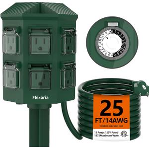 Flexora Outdoor Power Strip with 24-Hour Mechanical Timer, 25 FT Extension Cord Waterproof, 6 Grounded Outlets for Outdoor Christmas Decorations, ETL Listed (25 FT)