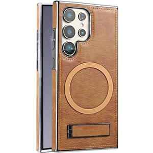 Leather Magnetic Case for Samsung Galaxy S25 Ultra with Kickstand,Built-in Invisible Stand [Compatible with Wireless Charging] Slim Shockproof Protective Phone Cover for Galaxy S25 Ultra(Brown)