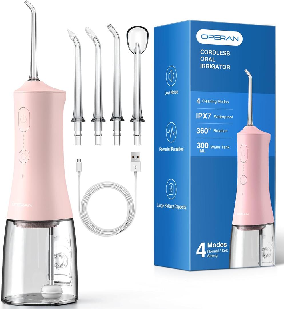 Operan 300ml Cordless Water Dental Flosser, Portable Water Flossers for Teeth, 4 Pulse Modes IPX7 Waterproof Oral Irrigator with 4 Tips, 21 Days Runtime for Travel, Home, Braces, Gum Care, Pink+1Pack