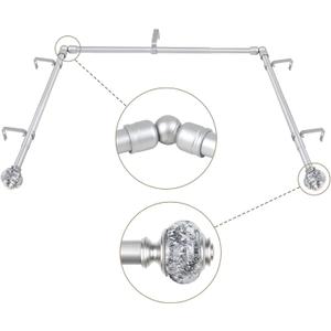 3/4 Inch Bay Window Curtain Rods, USFOOK Telescoping Silver Curtain Rods for Bay Windows 36 to 72 Inches (Center Rod), 20 to 36 Inch (Side Rods), Translucent Finials