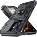 Janmitta Case for iPhone 16 Pro Max Phone Cover Built in Slide Camera Lens Cover+Screen Protector,Heavy Duty Shockproof Full Body PhoneCase with Finger Ring Holder Kickstand,Black