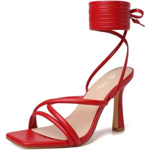 Mostrin Women's Sandals Strappy Heels for Women Lace Up Square Open Toe Heels Tie Up High Heeled Sandals for Prom, Party, Daily Wear (9.5, Red)