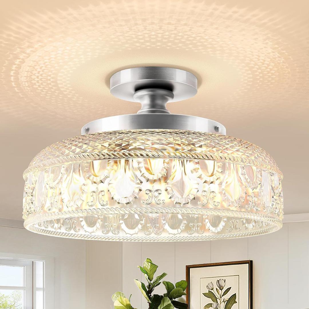 Lamomo Semi Flush Mount Ceiling Light,Upgraded Larger Silver Hallway Light Fixture,3-Bulb Globe Glass Close to Ceiling Scone, Indoor Hanging Light for Bedroom Kitchen Porch Hallway,Bulbs Not Included