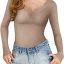 REORIA Long Sleeve Shirts for Women Lace V Neck Basic Tops Fitted Fall Cute Clothes Trendy Fashion Winter (Beige, S)