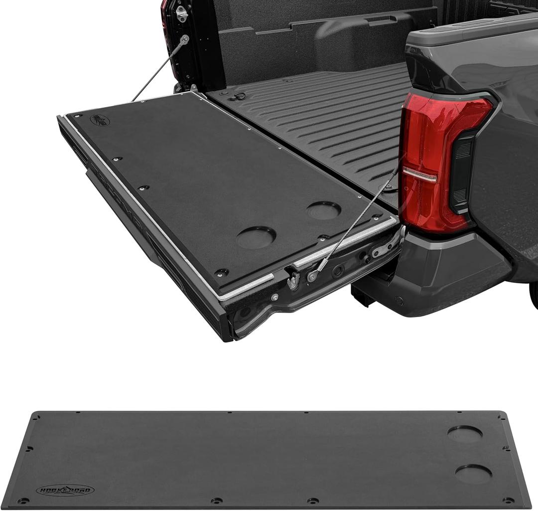 Hooke Road 24-26 Tacoma Flat Tailgate Cover Panel Plate with 2 Cup Holders for 2024 2025 2026 Toyota Tacoma 4th Gen, Work as Camping Table Desk - Black Plastic Board