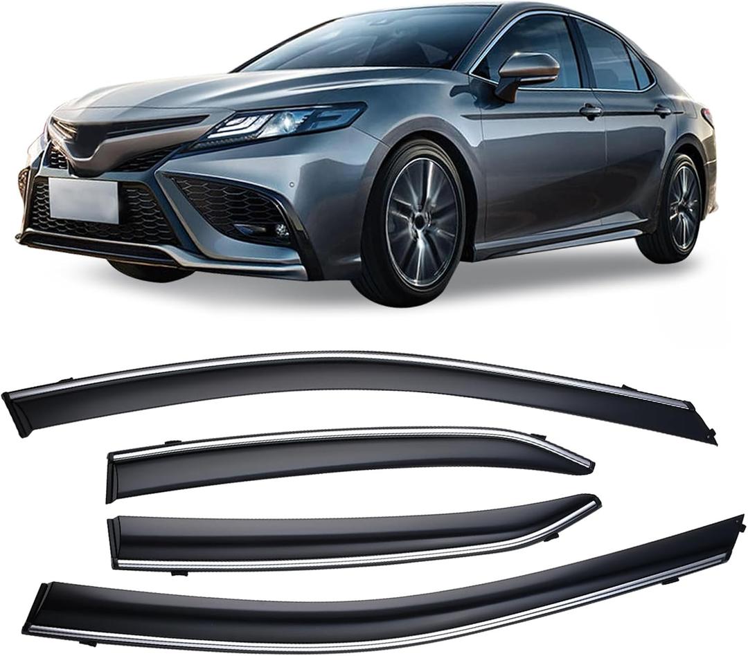 Tape-On Smoke Tint with Chrome Trim Window Visors Compatible with Toyota Camry 2018 2019 2020 2021 2022 2023 Shatterproof Window Deflectors 4pcs