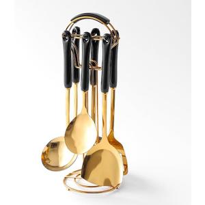 Generic Stainless Steel Kitchen Utensil Set, Spoon, Spatula, Pasta Server, Small Spatula (Black & Gold)