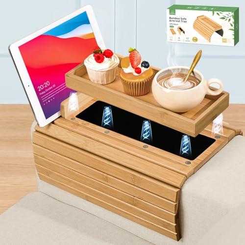 Joy&Grace Couch Arm Tray, 3-in-1 Magnetic Detachable Sofa Arm Table with Phone and Tablet Holder Bamboo Couch Cup Holder, Foldable Sofa Armrest Tray for Eating, Drinks, Phones (Natural)