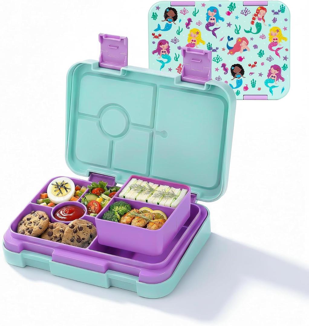 Bento Lunch Box for Kids, 6 Compartments BPA Free, Dishwasher Safe Back to School Snack Bento Lunch Containers Boxes, Ideal Portion Sizes for On-the-Go Meal, Ages 3+, School, Green Patterned