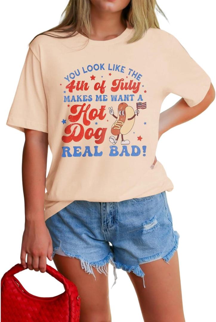 4th of July Shirt Women Patriotic Hot Dog American Flag T-Shirt Independence Day Funny Graphic Short Sleeve Tee Tops (S)