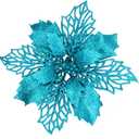 24 Pcs Christmas Teal Blue Glittered Mesh Holly Leaf Artificial Poinsettia Flowers Picks Tree Ornaments 5.9" W for Teal Blue Christmas Tree Wreath Garland Floral Gift Winter Wedding Holiday Decoration