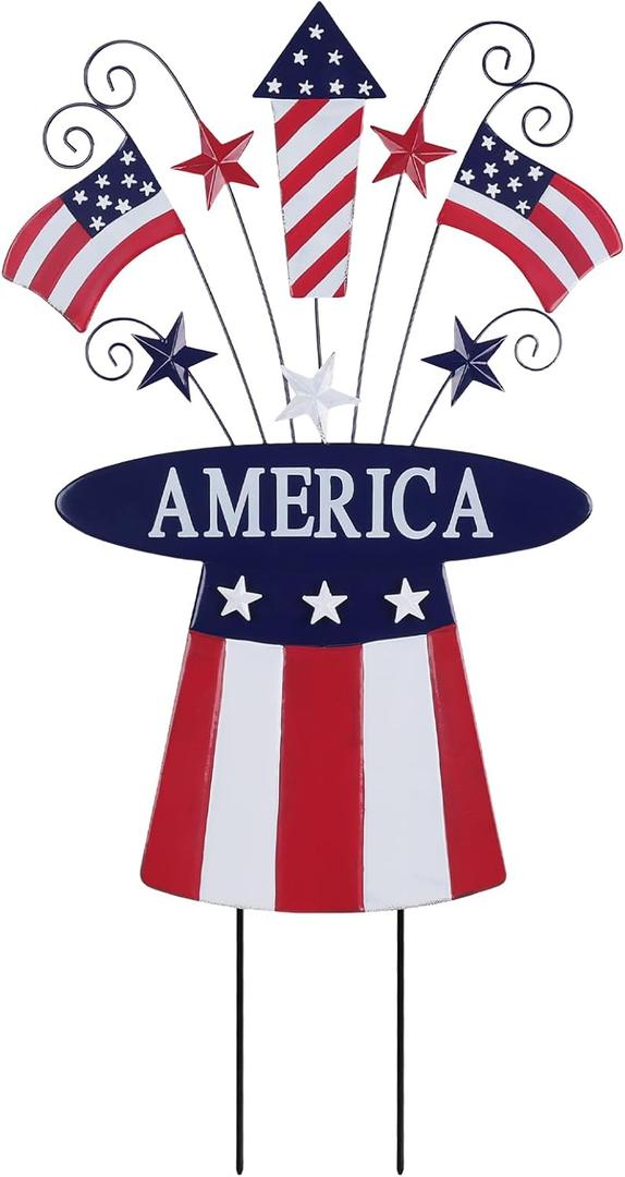 hogardeck 4th of July Decorations Outdoor, 31" Metal Patriotic Hat with Flag Star Rocket Decorative Garden Stakes for Fourth of July Decorations, Memorial Day Yard Signs for Garden Lawn Porch Decor