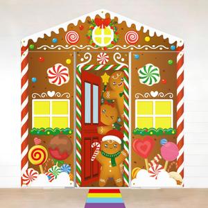 5Pcs Christmas Gingerbread Door Cover Decorations - Porch Banner Front Backdrop Rainbow Rug for Xmas House Classroom Office Outdoor Holiday Party Decor