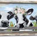 Cow Wall Art Wooden Picture: Cute Farm Animal Framed Artwork Decor Rustic Farmhouse Cattle Painting Horizontal Country Calf Print for Home Bedroom (40L" x 20W")