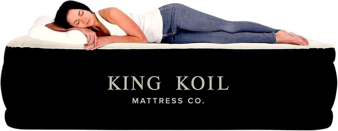King Koil Luxury Queen Size Air Mattress with Built-in High-Speed Pump, 20" Adjustable Double High Premium Pillow Top Inflatable Airbed for Guests, Camping & Home (Black)