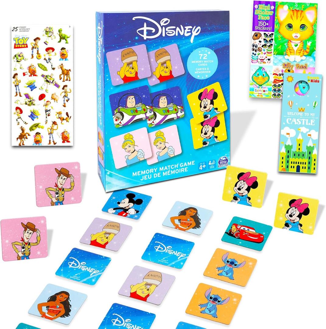 Disney Memory Matching Game Set - Bundle with Disney Matching Card Game for Kids Featuring Minnie, Cinderella, Pooh, and More