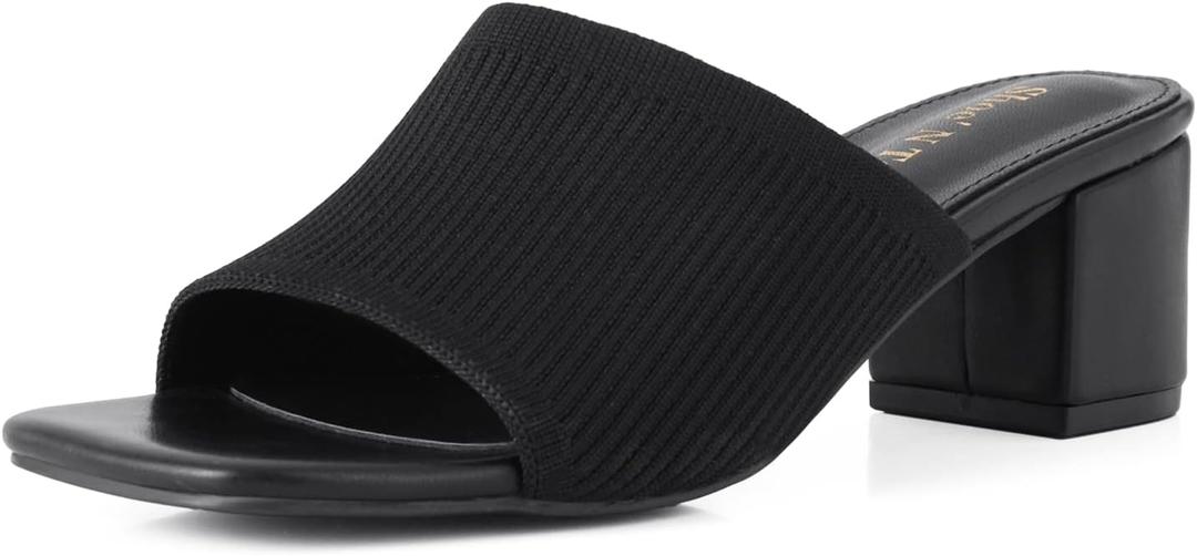Shoe'N Tale Knit Heeled Sandals For Women Square Open Toe Heeled Mules Chunky Block Low Heel Slip On Slides(6, Black)