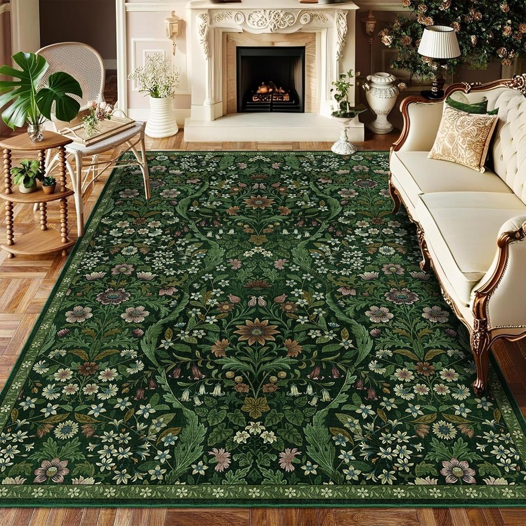 5' x 7' Dark Green Washable Floral Area Rug,Vintage Boho Soft Low-Pile Living Room Rugs, Stain Resistant Botanical Non-Slip Carpet for Bedroom,Dining Room, Kids Nursery,Home Decor