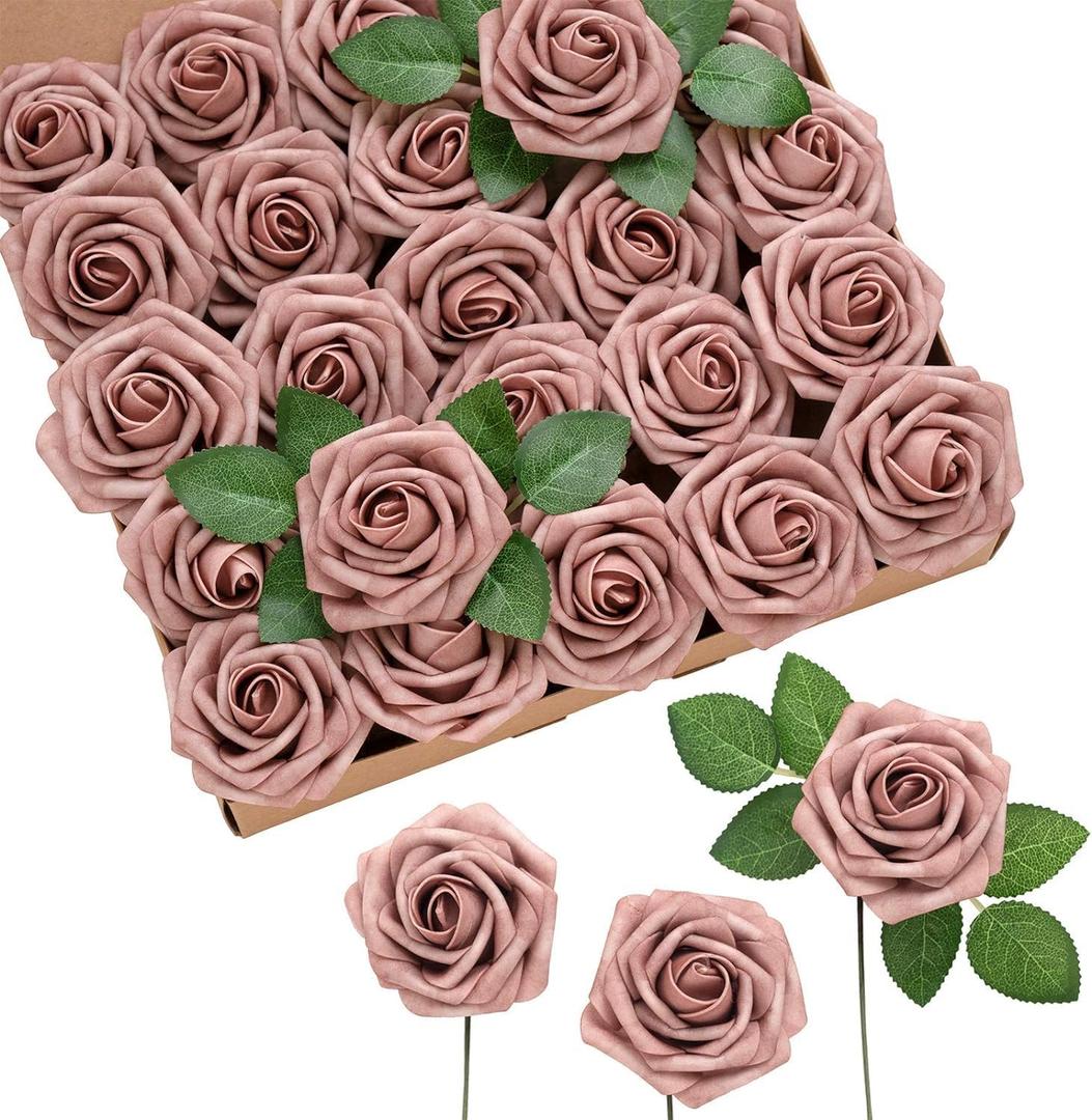 Ling's moment Artificial Flowers 25Pcs Dusty Rose Roses Decor w/Stems,3" Real Touch DIY Foam Floral for Wedding Bouquet/Centerpieces, Outdoors Party Backdrop, Room/Table, and Garden/Pot Decorations