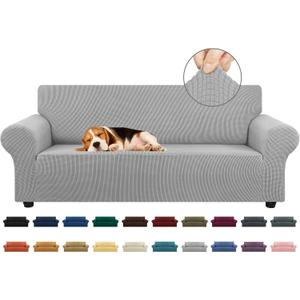 KEKUOU Stretch Sofa Cover Slipcover Couch Covers for 3 Cushion Couch Sofa pet Friendly (78"-94") Furniture Protector Sofa with Elastic Bottom for Kids,Dog, Jacquard Small Checked(Large,Silver)