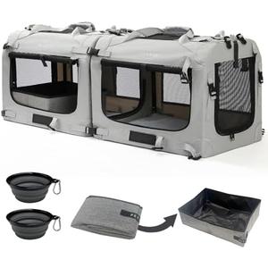 Extra Large Cat Carrier Soft Sided, Portable Small Dog Carrier for 2 Cats, 24"x16.5"x16" Car Travel Folding Comfortable Design with Litter Box and Bowls, Grey-2+ Litter Box+ Bowl*2