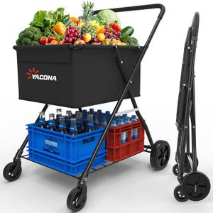 Heavy-Duty 2-Tier Folding Shopping Cart with Wheels - Double-Layer Waterproof Grocery & Utility Wagon, Portable Design for Laundry, Storage and Transport, 150LB Capacity (X-Large)