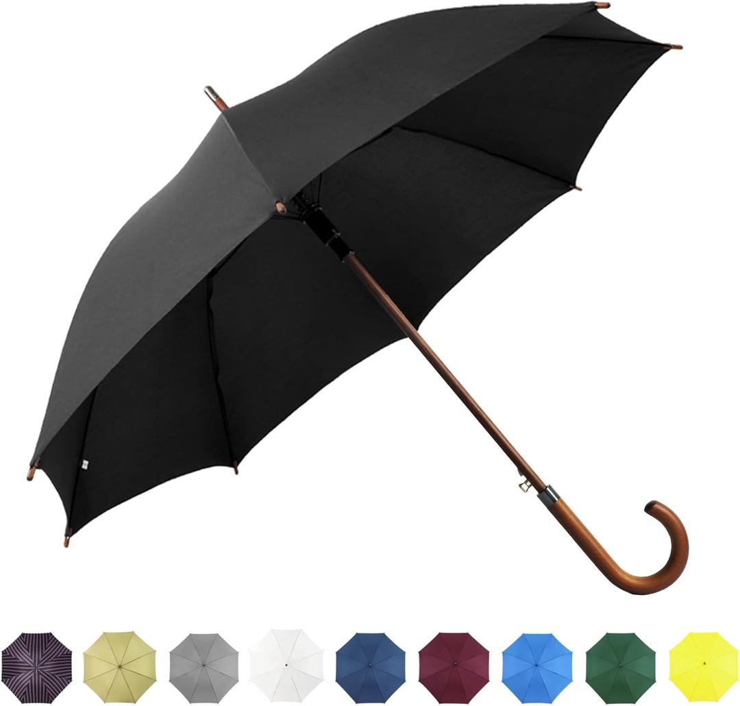 SoulRain 48" Black Umbrella  Stick Windproof Large Umbrellas for Rain, Automatic Open for 2 Persons, Classic Wooden Handle, Durable Travel & Wedding Vintage Cane Umbrella for Men & Women(Black)