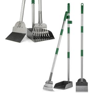 Pooper Scooper, Long Handle Dog Pooper Scooper, Heavy Duty Stainless Steel Rake with Tray & Spade Set for Pet Waste Removal, for Grass, Dirt or Gravel - Green