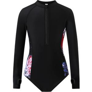 Girls Long Sleeve Rashguard Swimsuit UV Protection One-Piece Swimwear Bathing Suit (11-12 Years, Black)