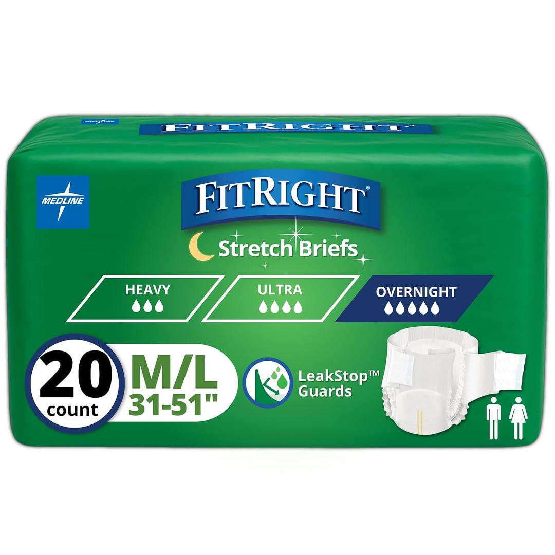4-Pack Medline FitRight Extended Wear Stretch Briefs, Overnight Adult Diapers with Tabs, Size 1 (Bag of 20)