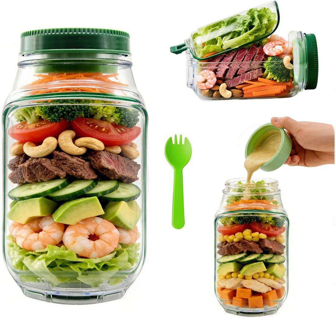Salad Jar with Side Opening, Leakproof Salad Pod Mason Jar Side Open, Plastic Salad Container with Built-In Dressing Container for Lunch, Green